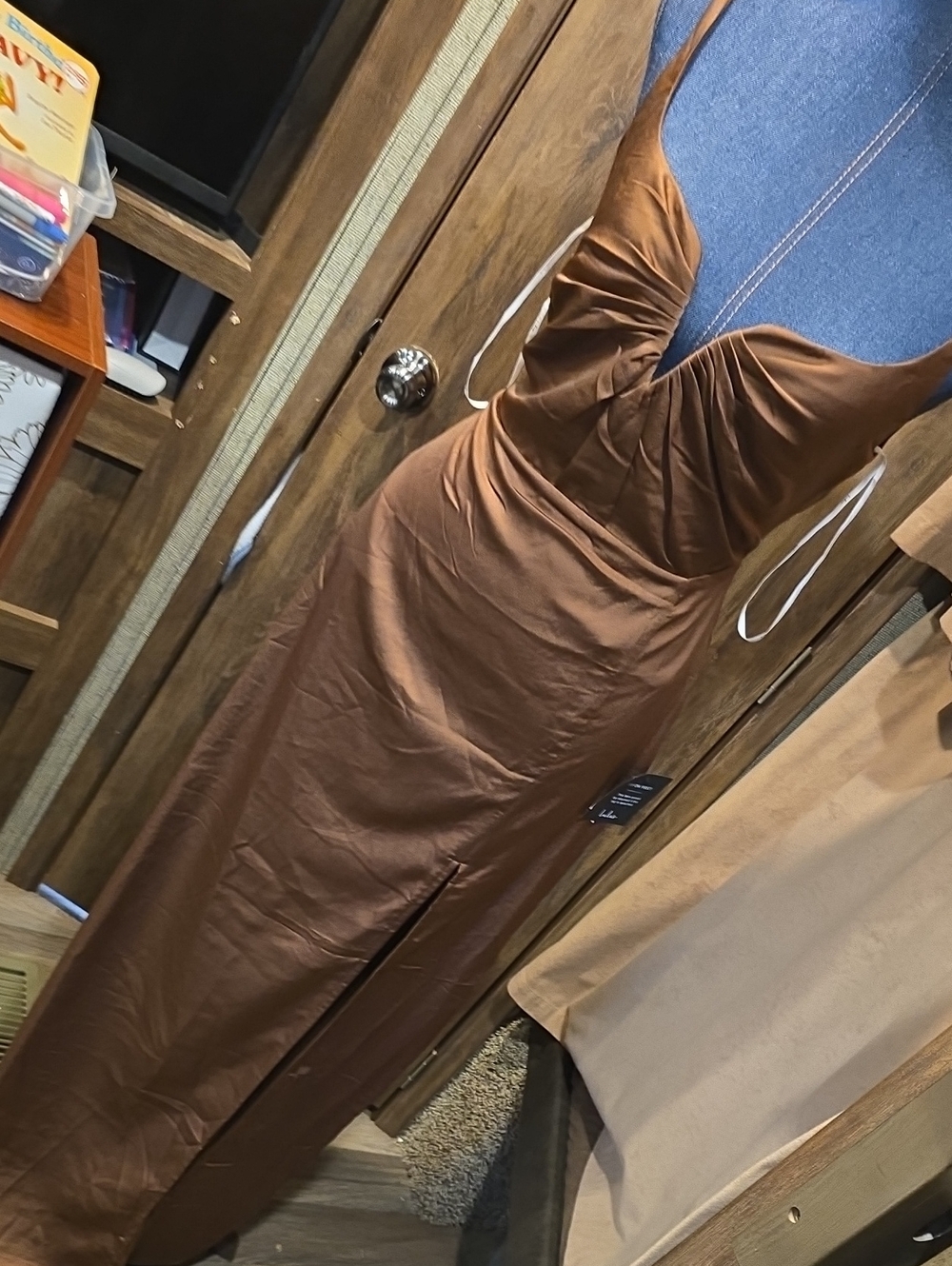 Lulu's Copper-Brown Satin Ruched Halter Maxi Dress